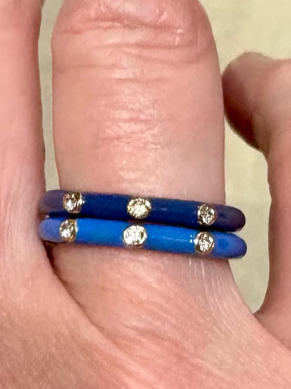 Vintage Blue Enamel Stacking Ring Set Rhinestone Bands Size 7 Pair